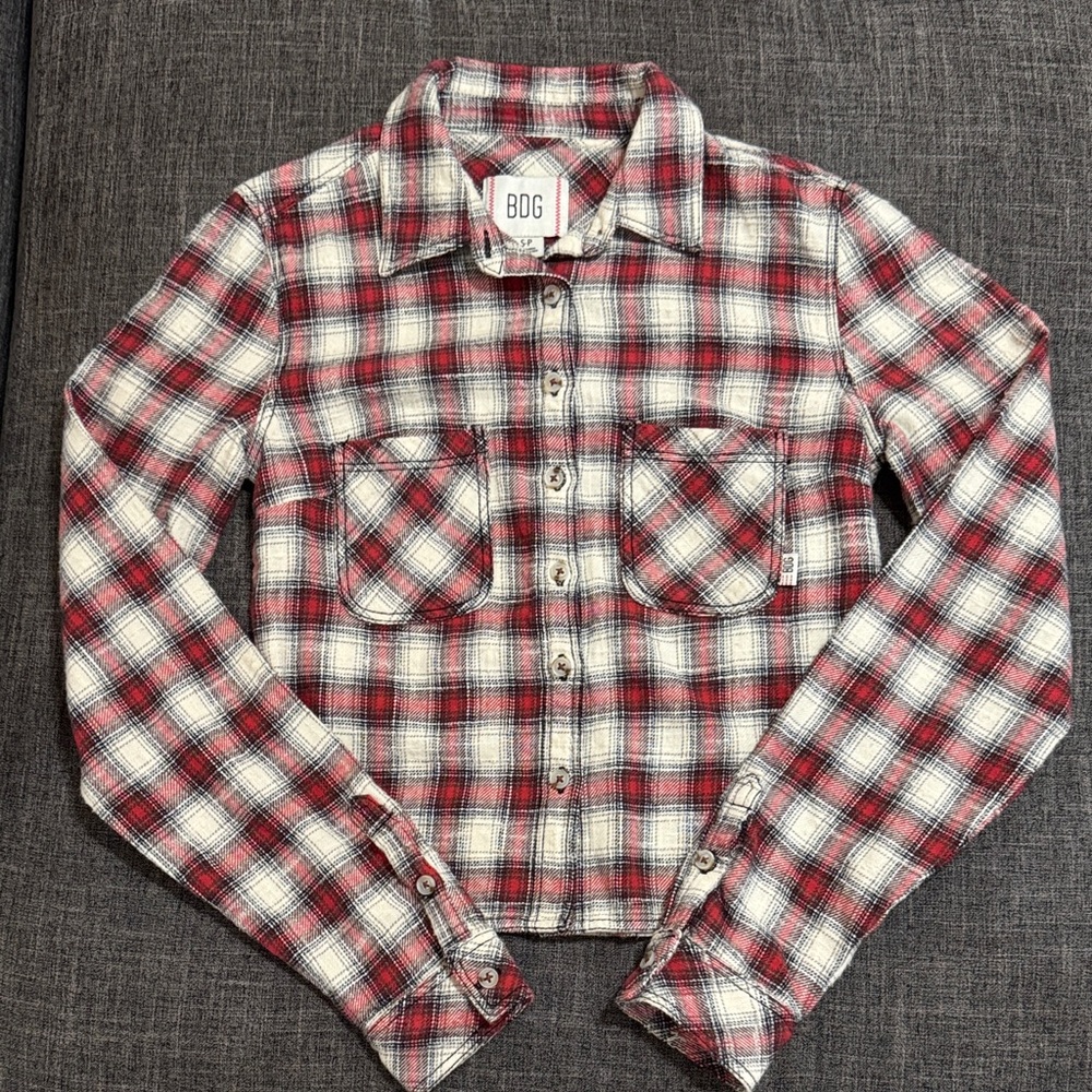 BDG Urban Outfitters Cropped Plaid Flannel Shirt Red Grunge Layering Top S